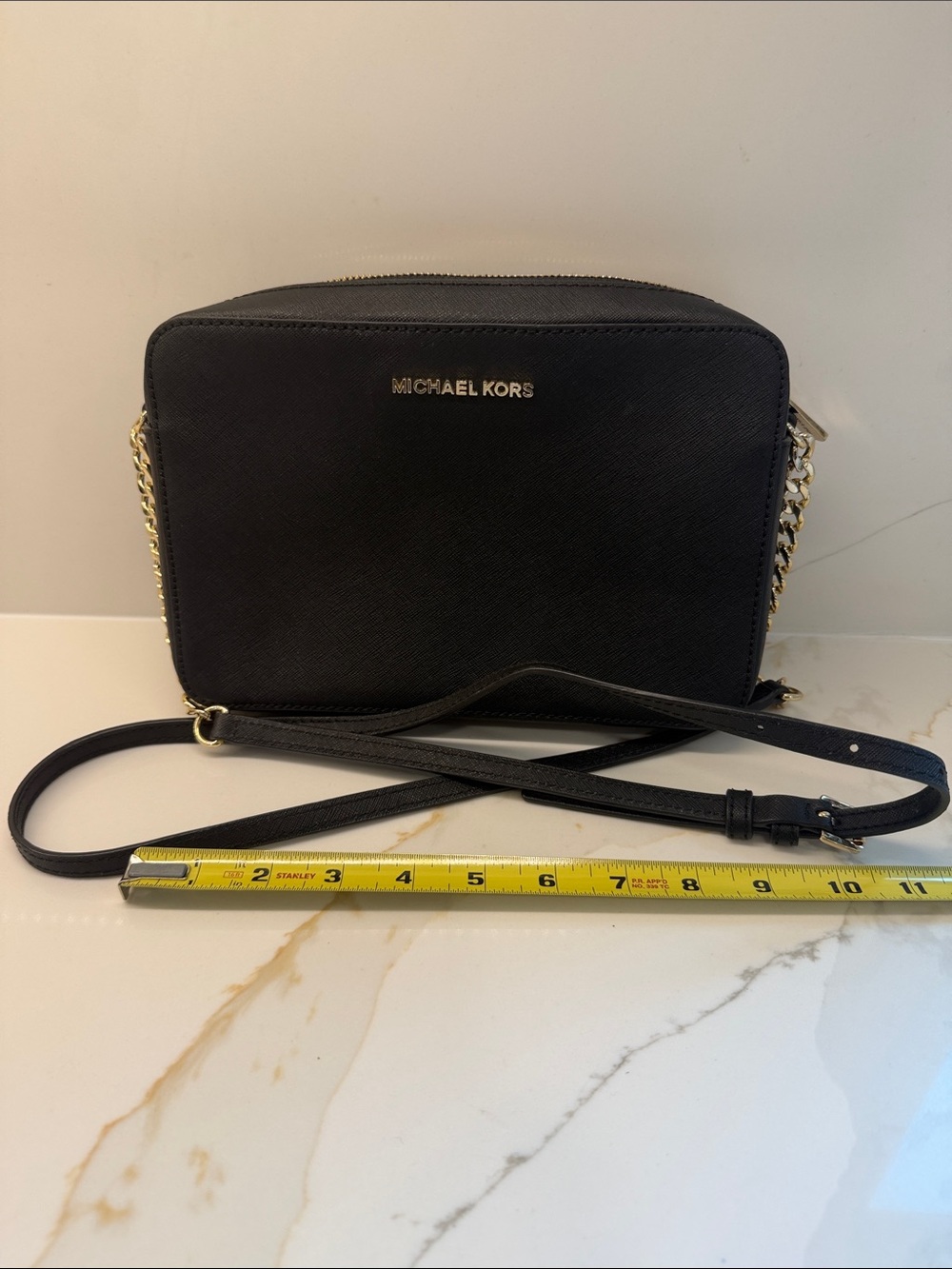 Michael Kors Black Leather Crossbody with Gold Chain Accents